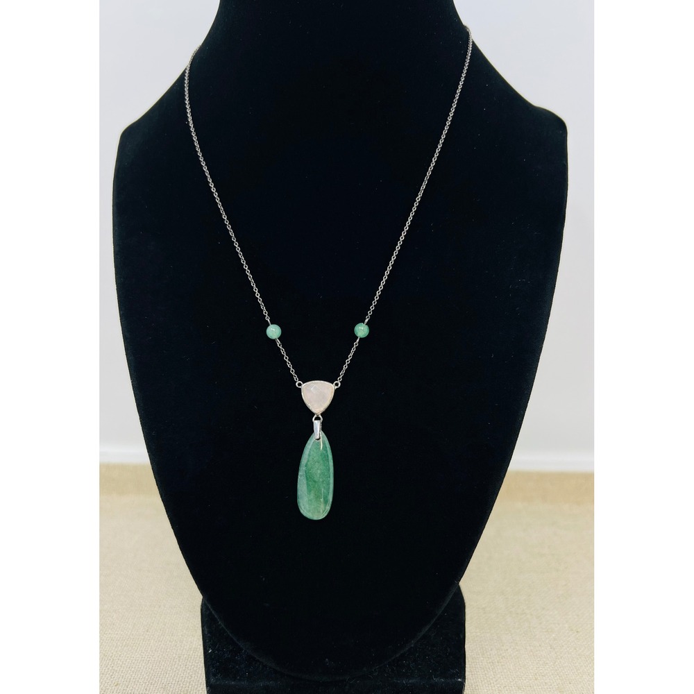 Sterling Silver Green Aventurine Rose Quartz Teardrop Pendant Necklace 18in